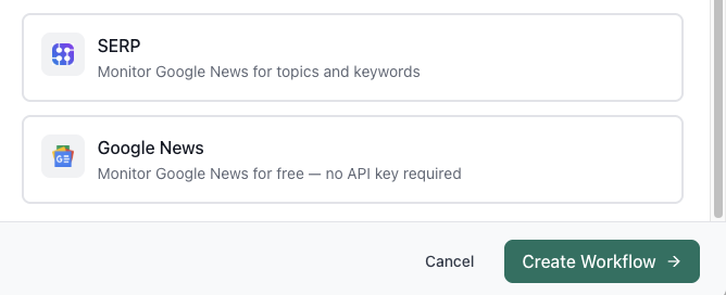Google News and SERP workflow triggers