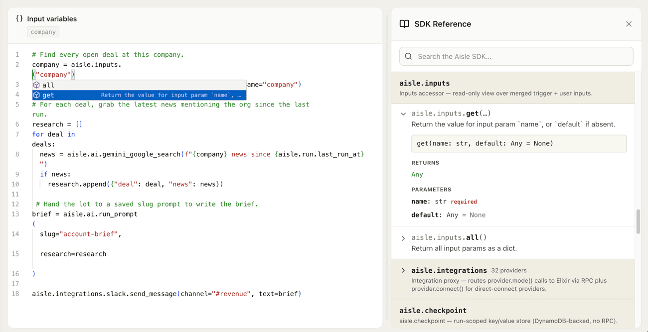 The Tasks editor with a Python workflow and SDK reference panel