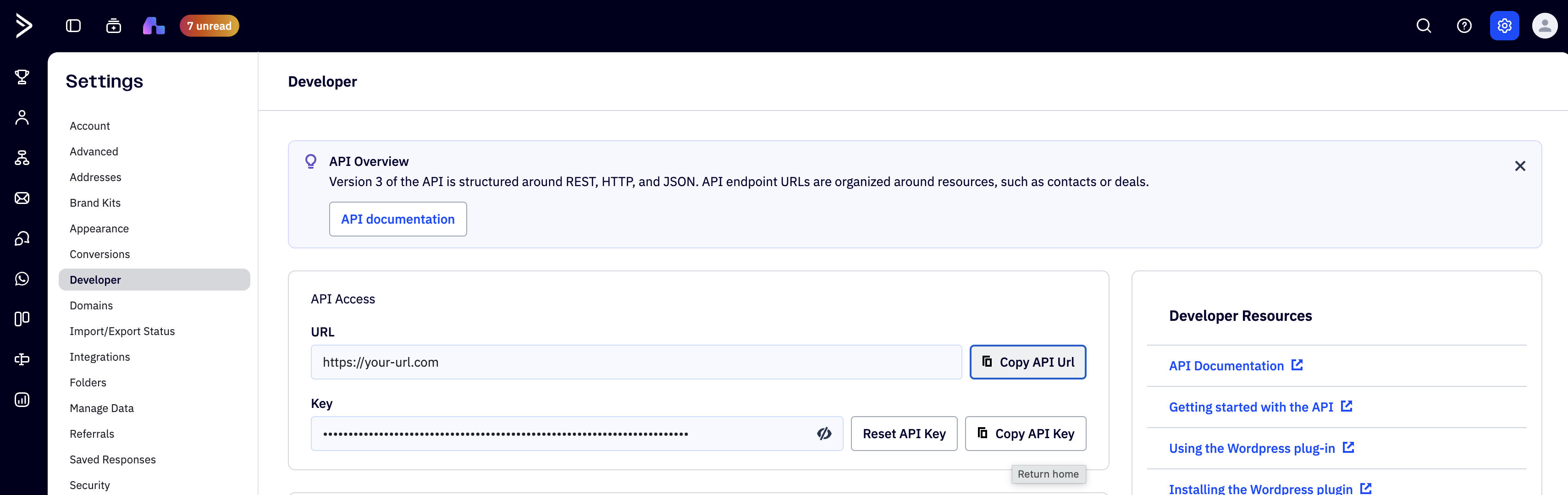 ActiveCampaign Settings → Developer, showing the API Access URL and masked key