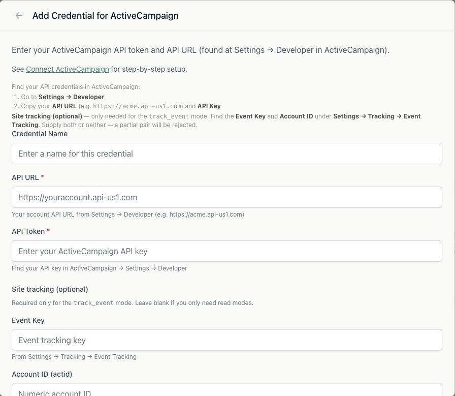 The qbash ActiveCampaign credential form