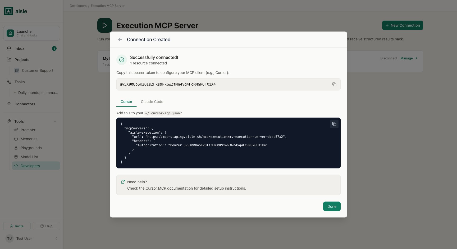 A new connection: the bearer token and ready-to-paste config for Cursor and Claude Code