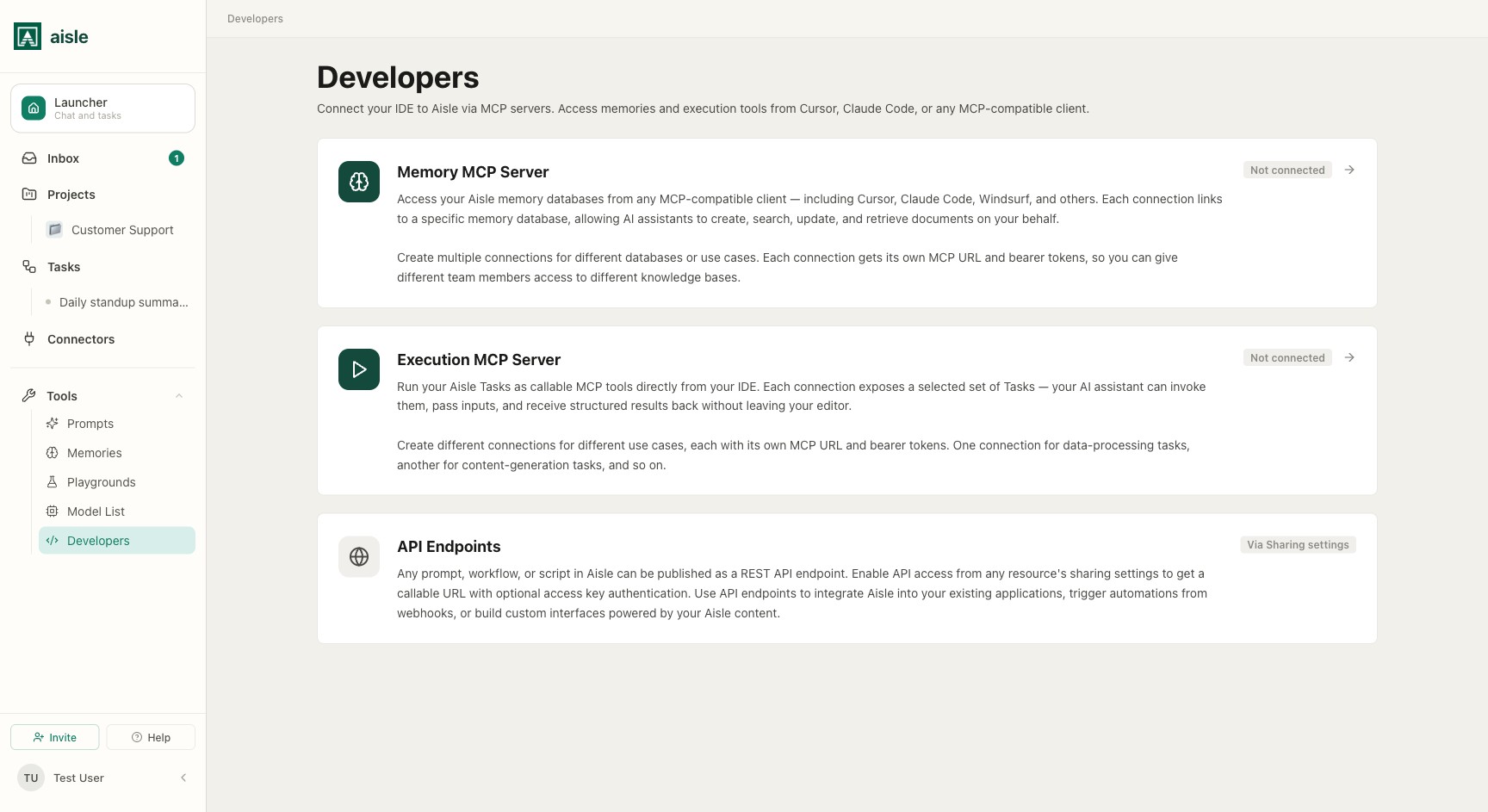 The Developers page: the Memory MCP Server, the Execution MCP Server, and API Endpoints