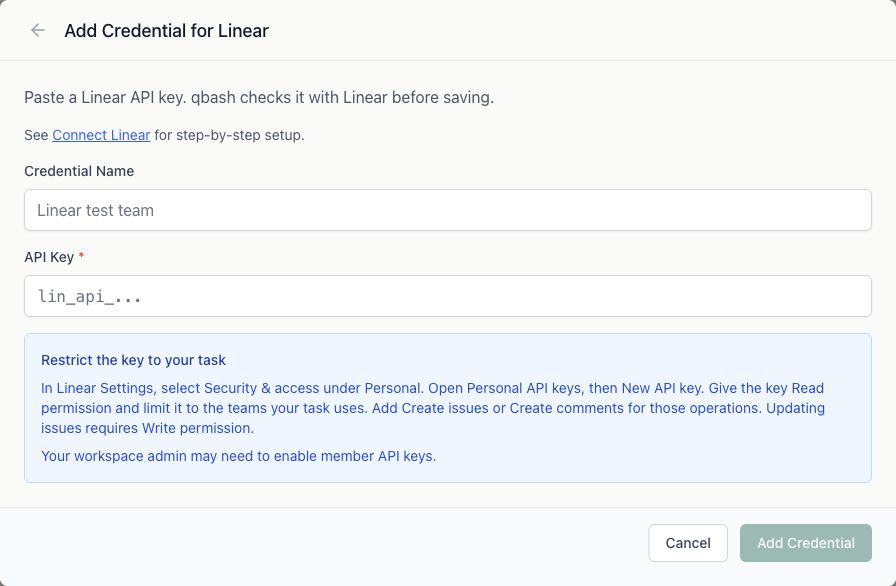 The qbash credential form for Linear