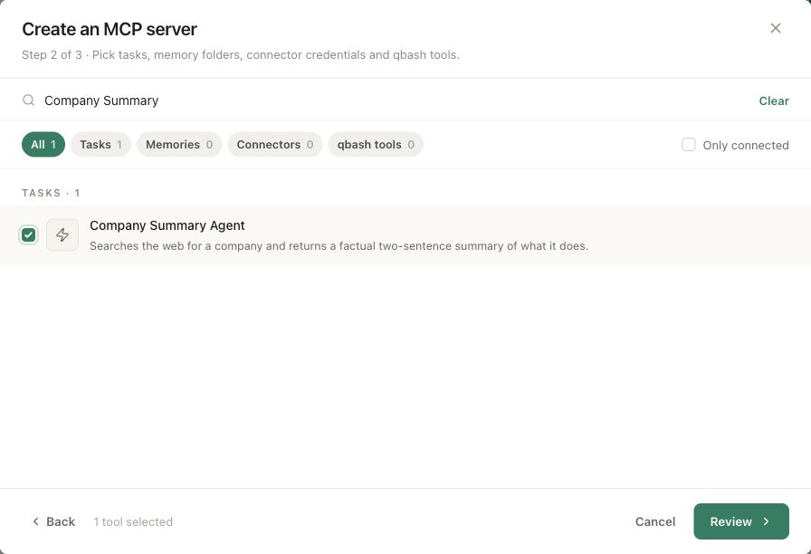 The Add tools step with a company-summary task selected and filters for Tasks, Memories, Connectors, and qbash tools