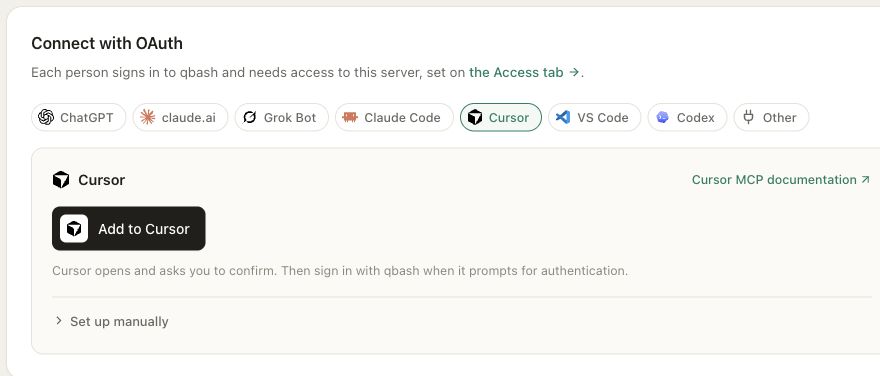 The Connect panel with chat and coding clients, showing the Add to Cursor option and OAuth sign-in guidance