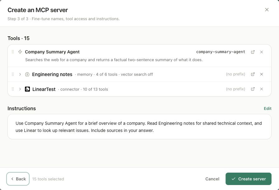 The Review step combining a company-summary task, an Engineering notes folder, and a Linear connector, with instructions for using them together