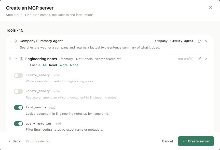 The Review step with a memory folder expanded, read tools enabled, and create and update tools switched off