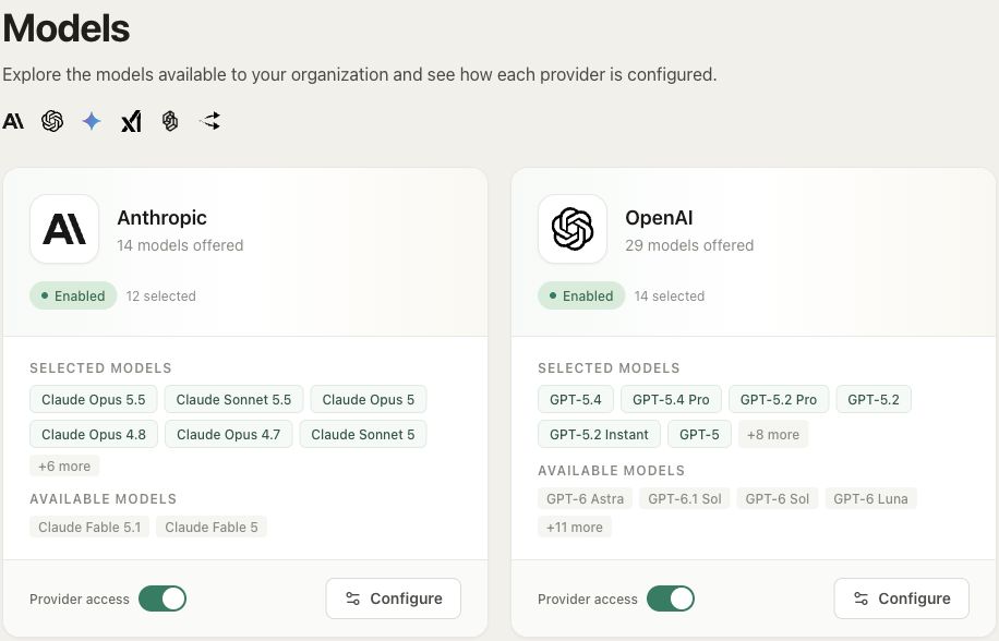 The Models page with Anthropic and OpenAI provider cards, selected and available models, provider access switches, and Configure buttons