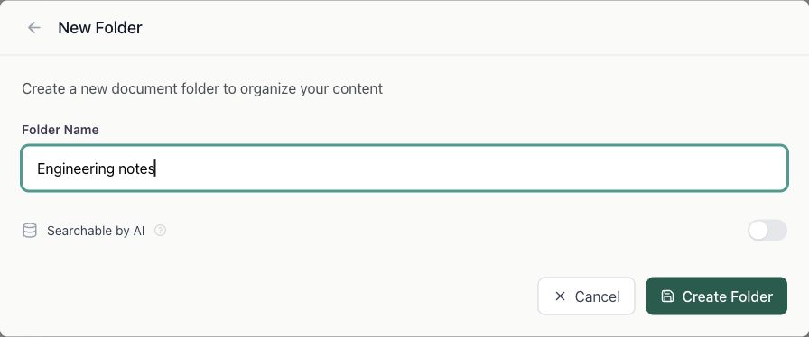 The New Folder form with Engineering notes entered, Searchable by AI switched off, and Cancel and Create Folder buttons