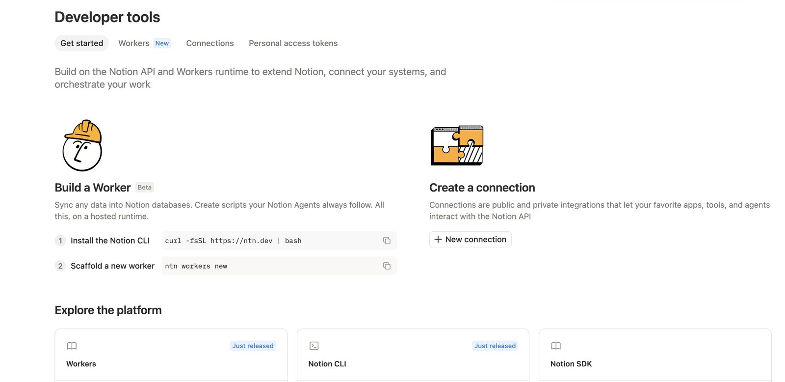 Notion Developer tools, with the Connections and Personal access tokens tabs
