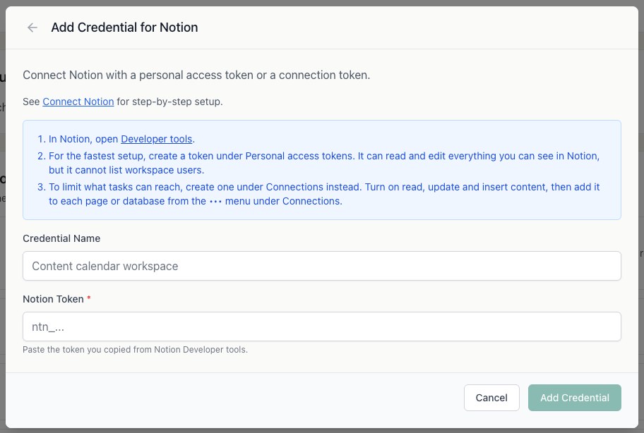 The qbash credential form for Notion