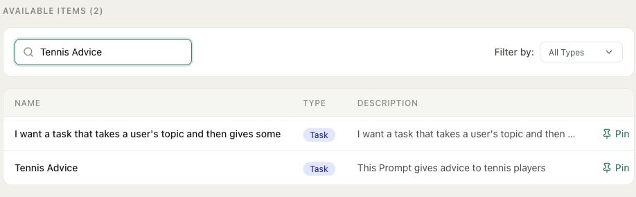 Available Items on the Pins tab, with a search field, type filter, and Pin controls beside example tasks
