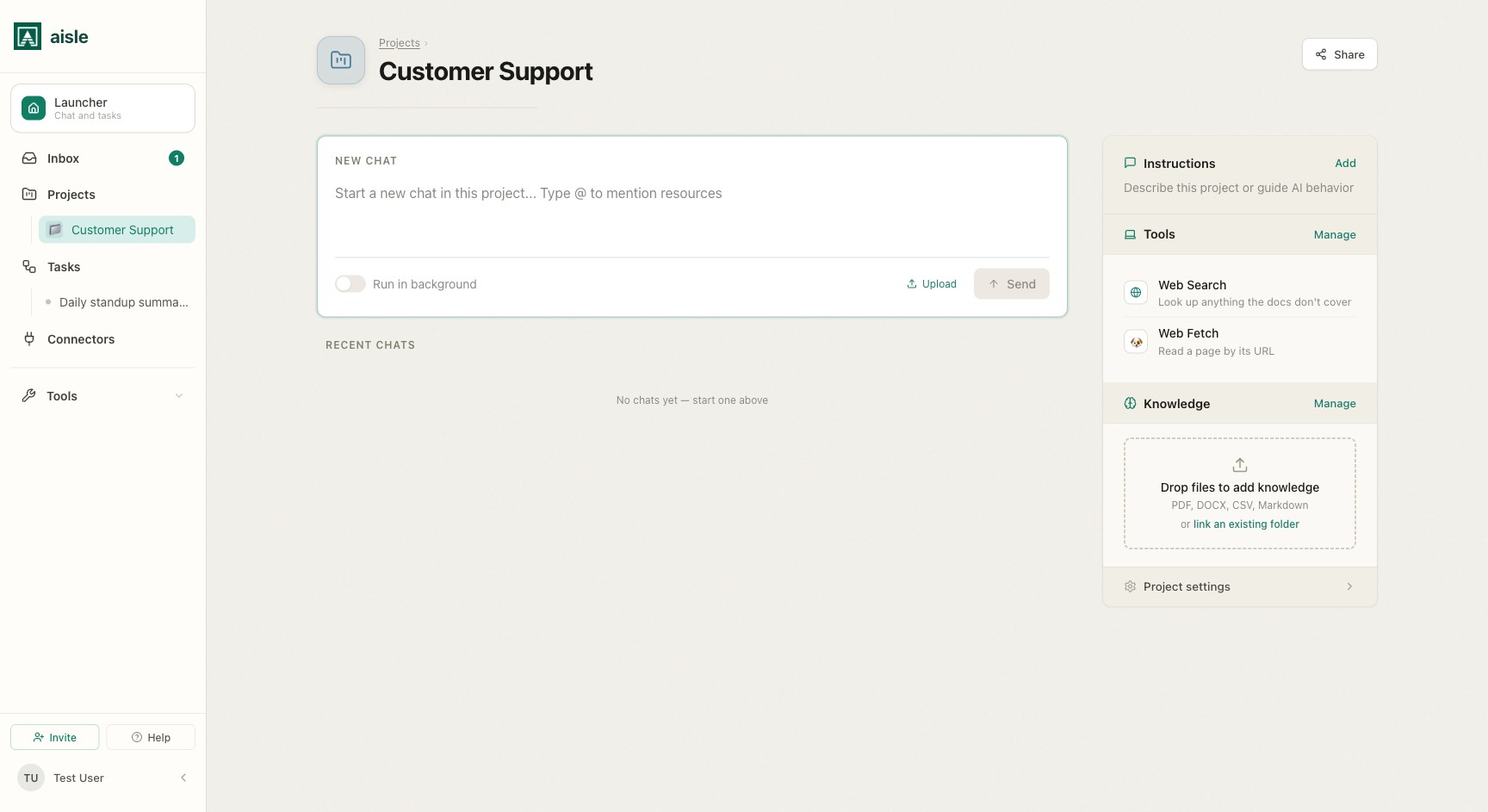 A project workspace: the chat, with Instructions, Tools, and Knowledge in the side rail