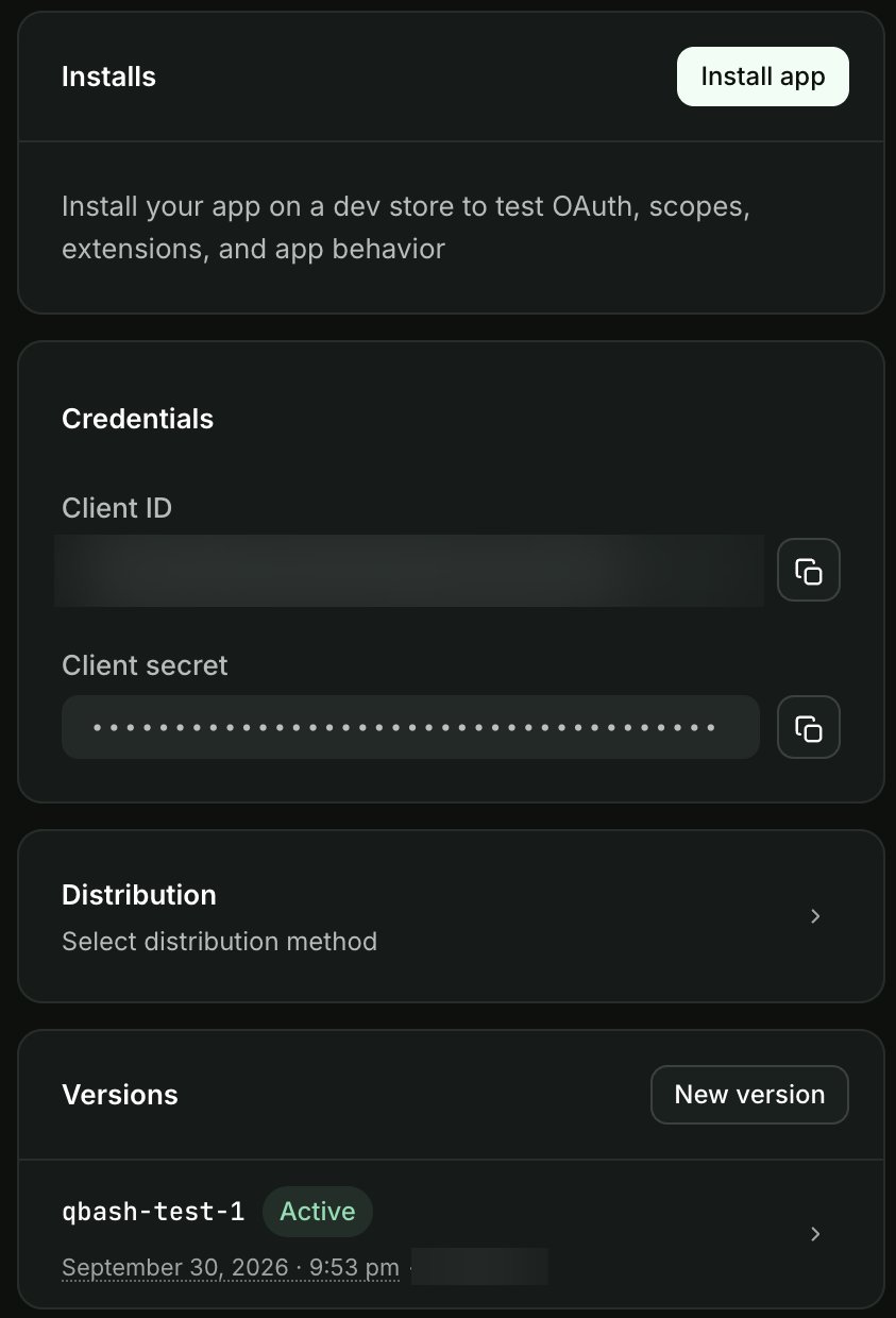 A Shopify Dev Dashboard app overview, with Install app, the client credentials and the active version