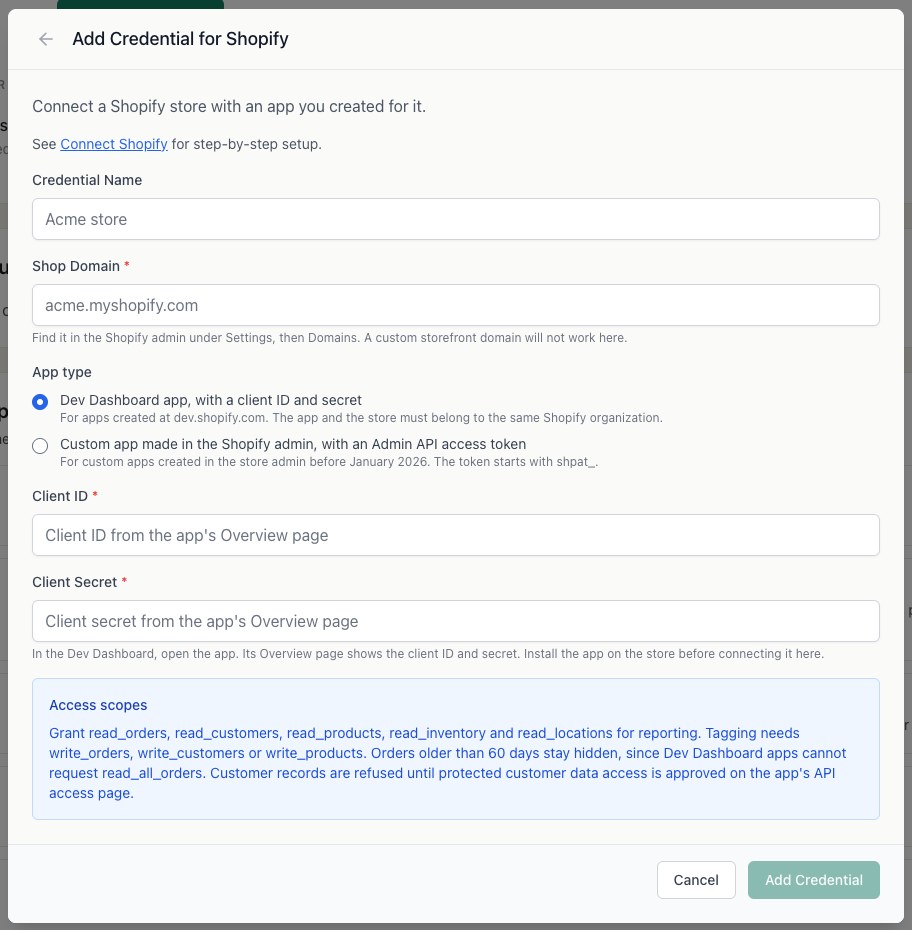 The qbash credential form for Shopify