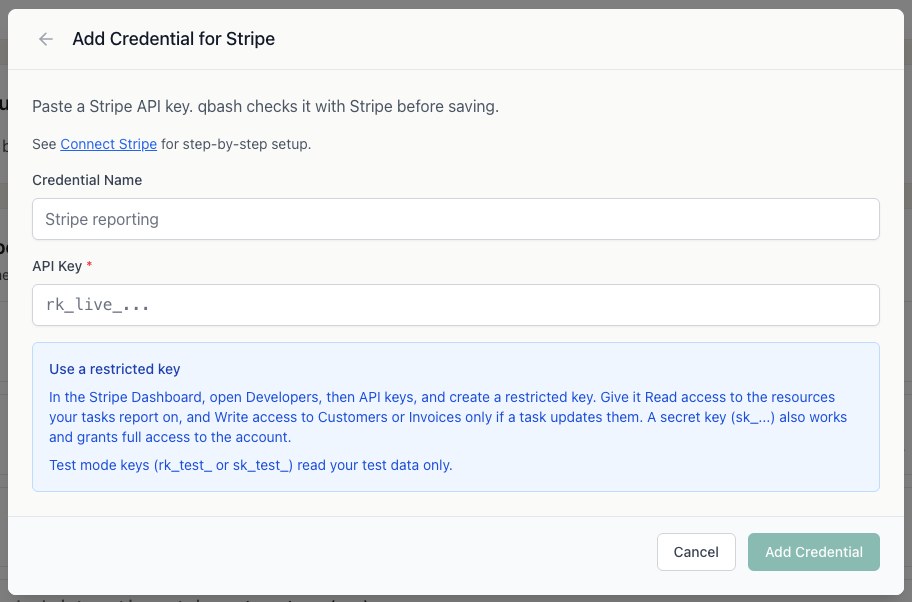 The qbash credential form for Stripe