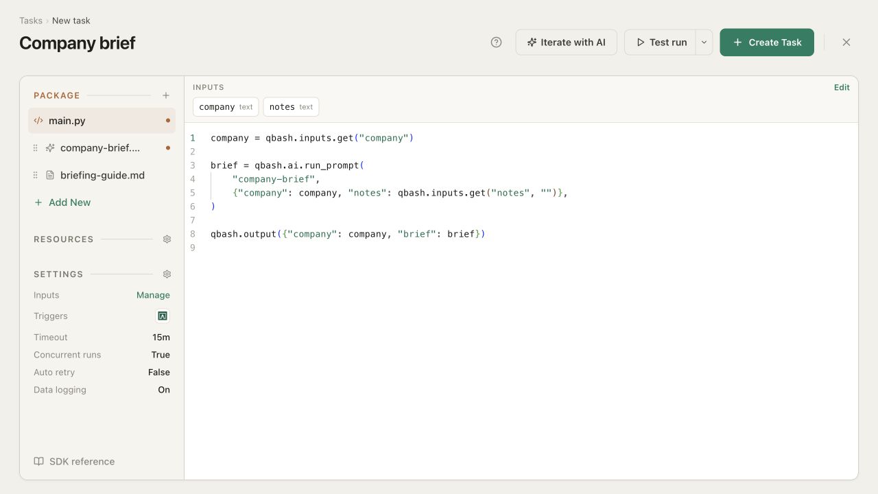 The Company brief task with main.py open, company and notes inputs, and its prompt and Markdown document in the file tree
