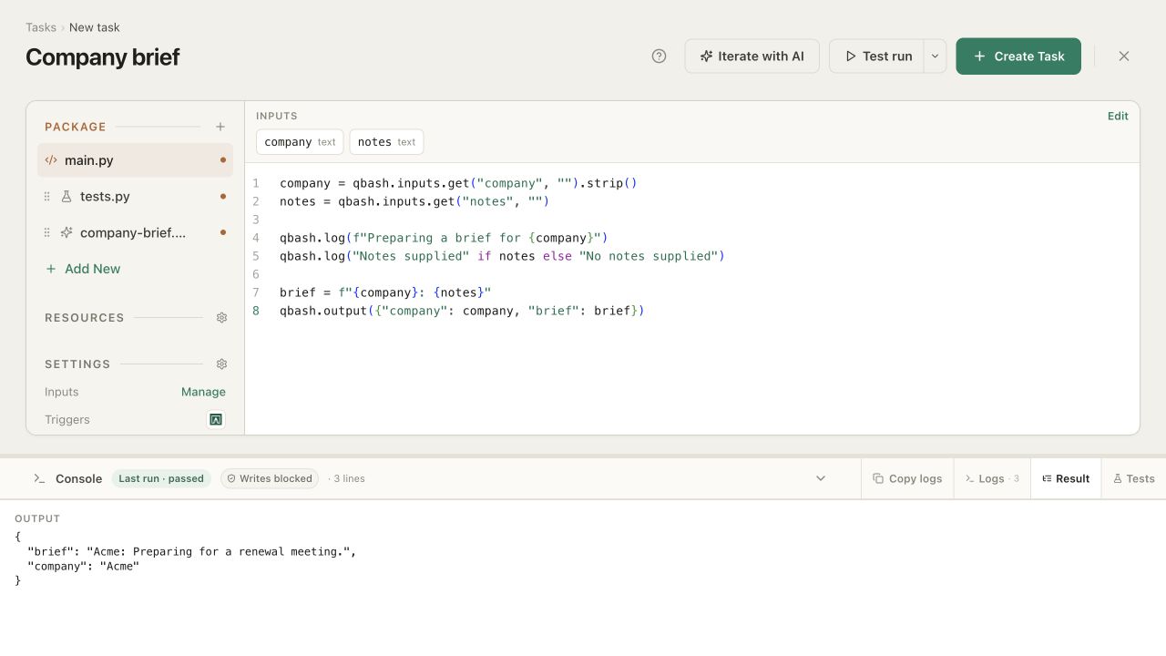 A completed editor Test run of a simple Python draft, with Writes blocked and the returned company brief in the console's Result tab