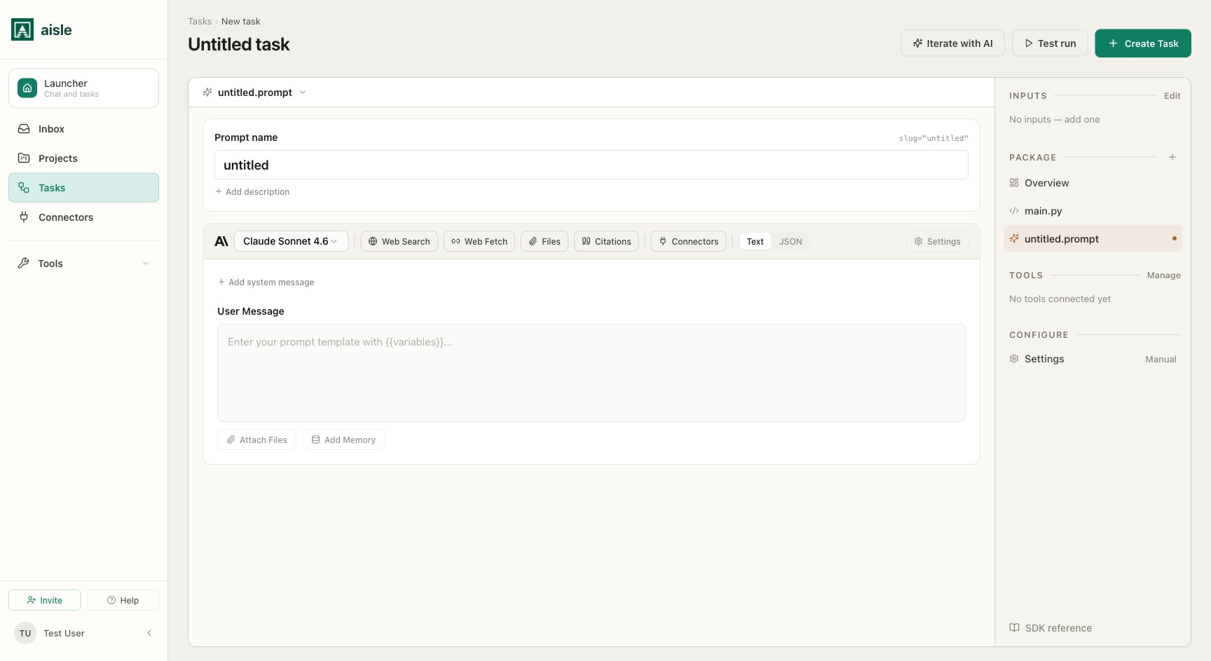 The inline prompt editor: the model bar, web tools, Text/JSON output, and a {{variable}} in the user message
