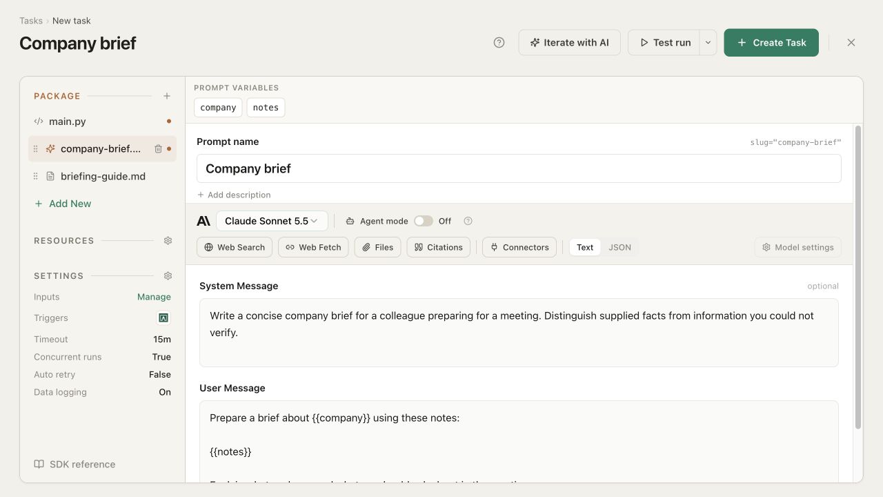 The Company brief prompt with its name and slug, company and notes variables, model and Agent mode controls, output format, and messages