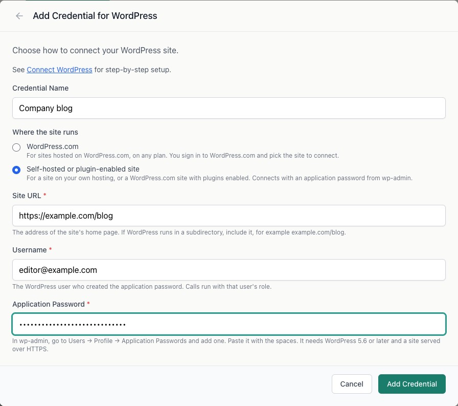 The qbash credential form for WordPress, with the self-hosted option selected