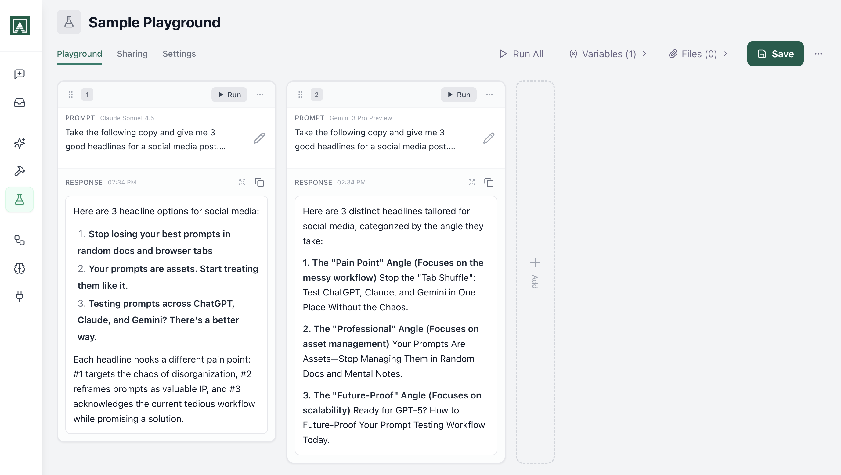 Playground interface showing side-by-side model comparison