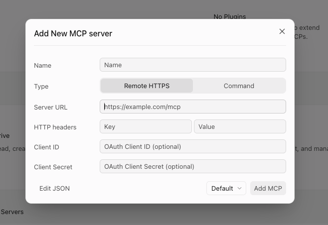 Grok Bot Add New MCP server dialog with Remote HTTPS selected