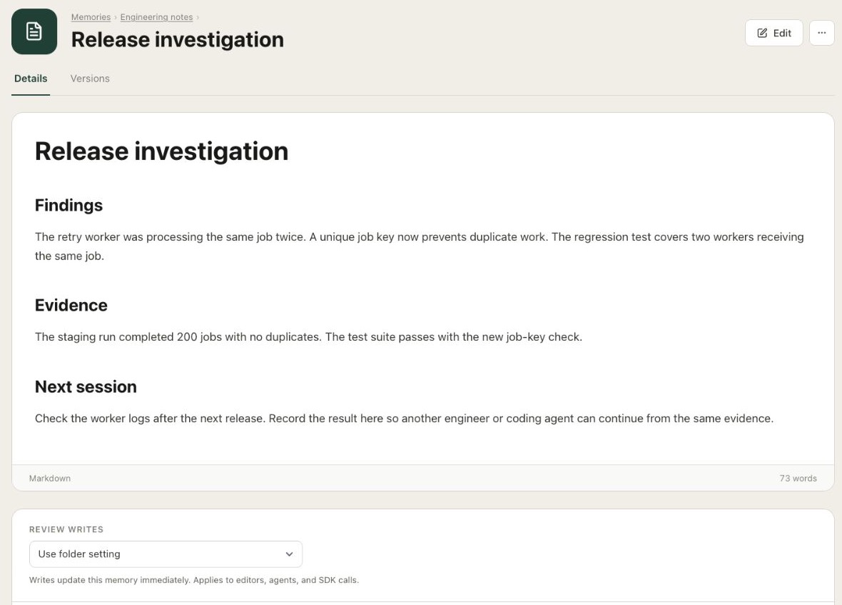 A Release investigation document in the Engineering notes memory folder, with findings, evidence, and a next-session handoff