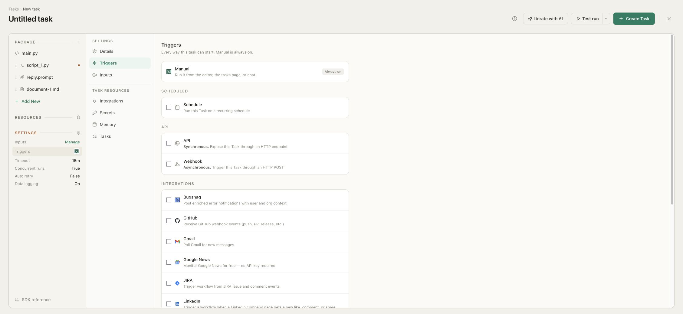 The qbash Task Triggers panel with the synchronous API enabled, API token controls and an endpoint URL