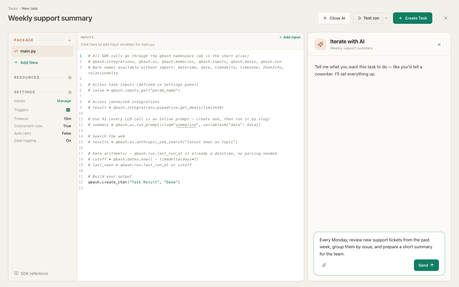 The task editor showing an unsent instruction in the Iterate with AI panel beside the code editor